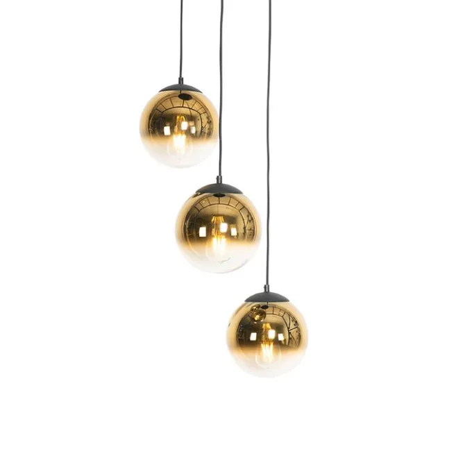 QAZQA Art Deco Hängelampe schwarz mit Goldglas rund 3-flammig - Pallon