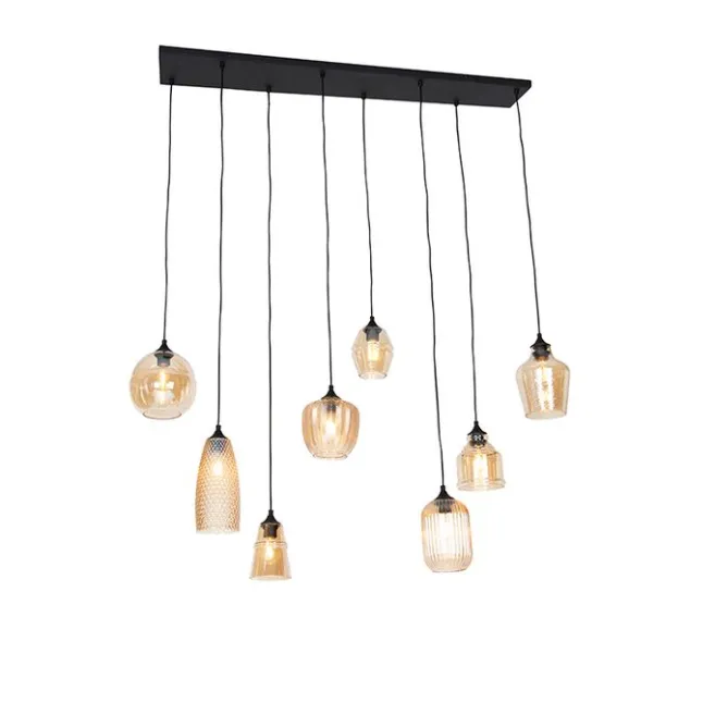 QAZQA Art Deco Hängelampe schwarz mit Bernsteinglas 8-flammig - Hanne