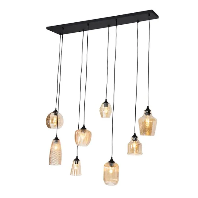 QAZQA Art Deco Hängelampe schwarz mit Bernsteinglas 8-flammig - Hanne