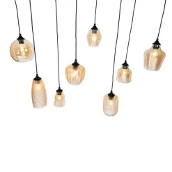 QAZQA Art Deco Hängelampe schwarz mit Bernsteinglas 8-flammig - Hanne