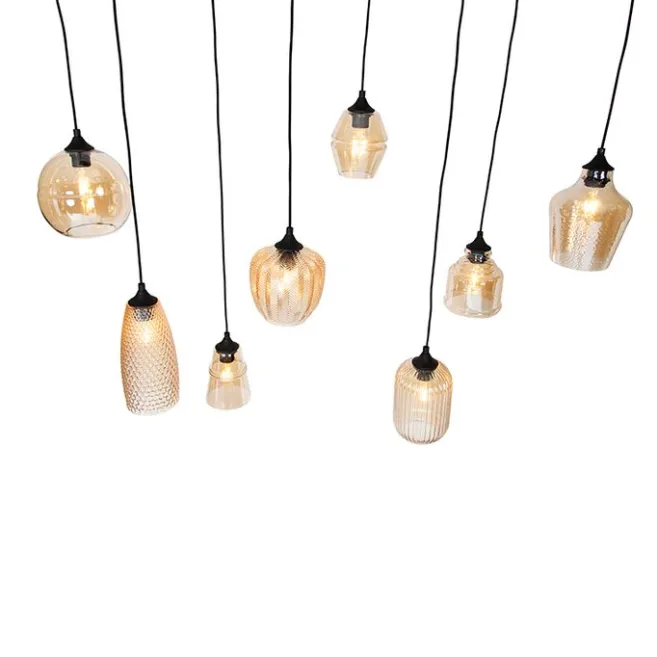 QAZQA Art Deco Hängelampe schwarz mit Bernsteinglas 8-flammig - Hanne