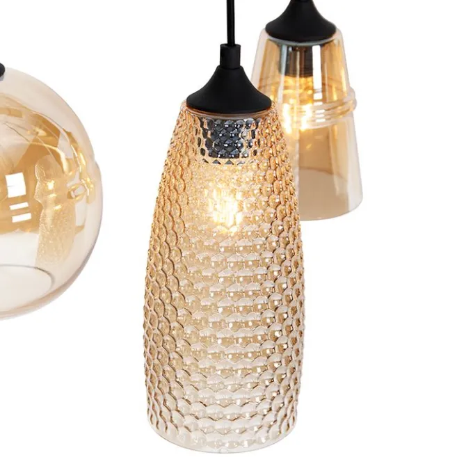 QAZQA Art Deco Hängelampe schwarz mit Bernsteinglas 8-flammig - Hanne