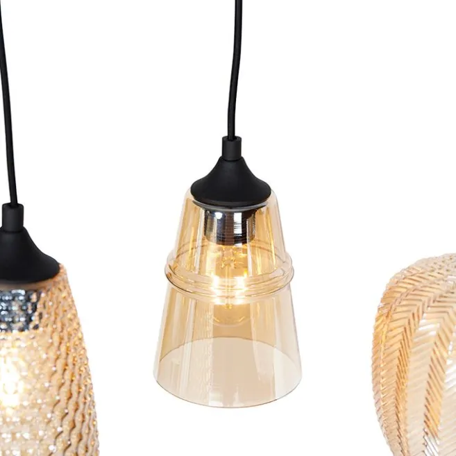 QAZQA Art Deco Hängelampe schwarz mit Bernsteinglas 8-flammig - Hanne