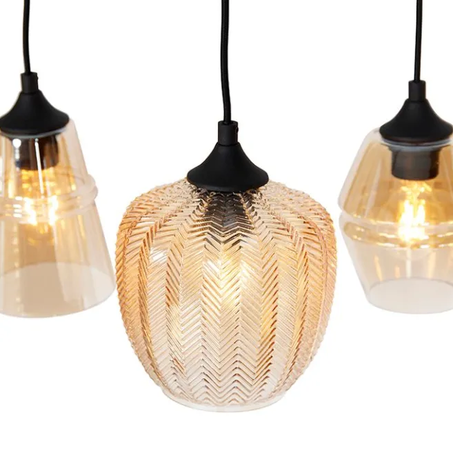 QAZQA Art Deco Hängelampe schwarz mit Bernsteinglas 8-flammig - Hanne