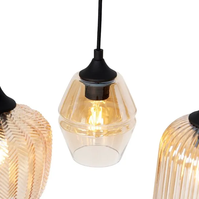 QAZQA Art Deco Hängelampe schwarz mit Bernsteinglas 8-flammig - Hanne