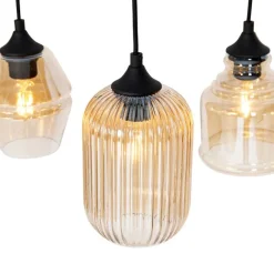 QAZQA Art Deco Hängelampe schwarz mit Bernsteinglas 8-flammig - Hanne