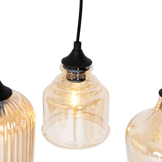 QAZQA Art Deco Hängelampe schwarz mit Bernsteinglas 8-flammig - Hanne