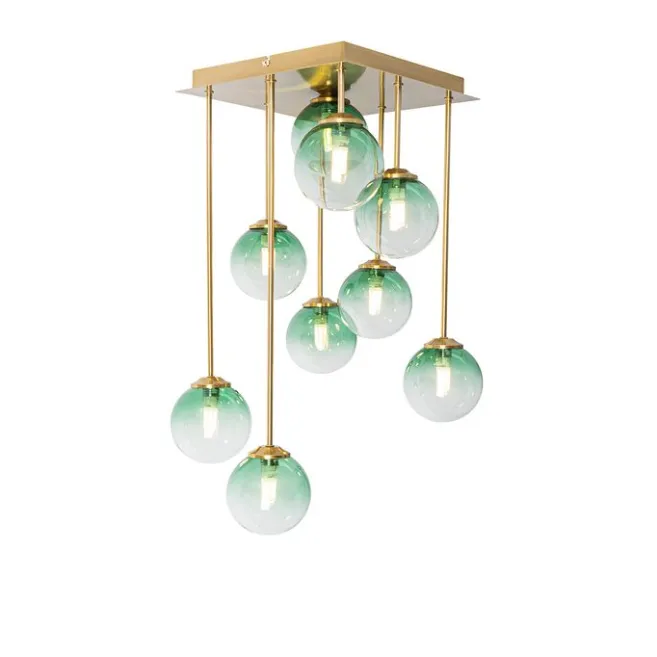QAZQA Art-Deco-Deckenlampe Gold mit grünem Glas 9 Lichter - Athen