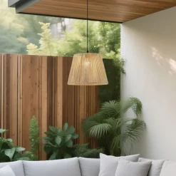 QAZQA Außenhängeleuchte schwarz mit beigefarbenem Seilschirm IP44 - Cava Jayla