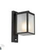 QAZQA Außenwandlaterne schwarz mit geripptem Glas und Bewegungssensor - Charlois