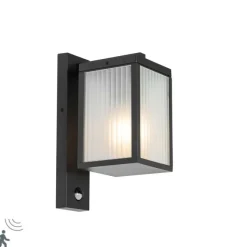 QAZQA Außenwandlaterne schwarz mit geripptem Glas und Bewegungssensor - Charlois