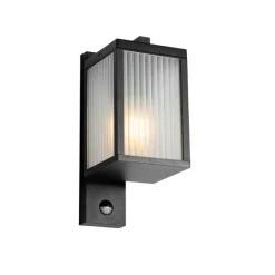 QAZQA Außenwandlaterne schwarz mit geripptem Glas und Bewegungssensor - Charlois