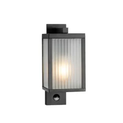 QAZQA Außenwandlaterne schwarz mit geripptem Glas und Bewegungssensor - Charlois