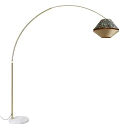 QAZQA Bogenlampe aus Messing mit doppeltem, weißem Samtschirm, Blattdesign und Beige - XXL