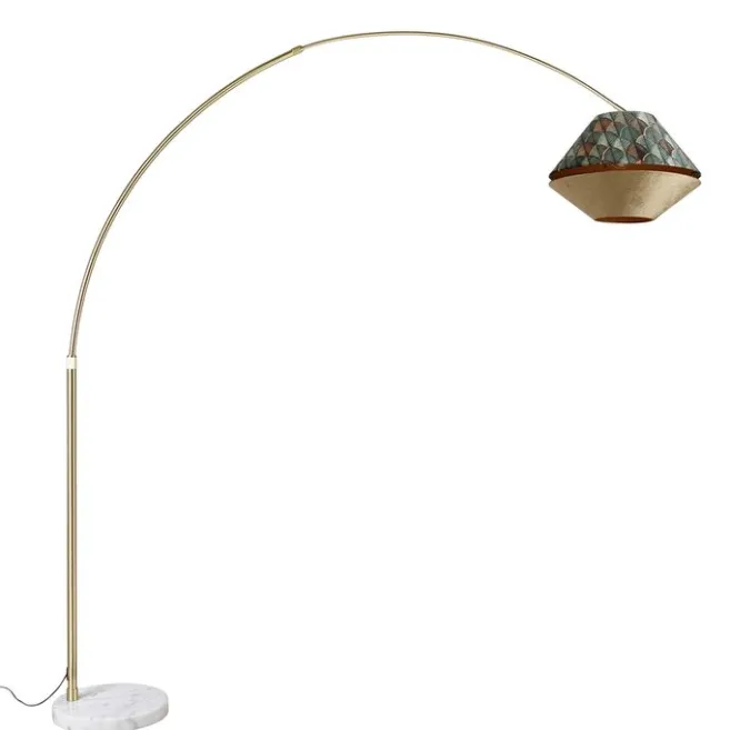 QAZQA Bogenlampe aus Messing mit doppeltem, weißem Samtschirm, Blattdesign und Beige - XXL