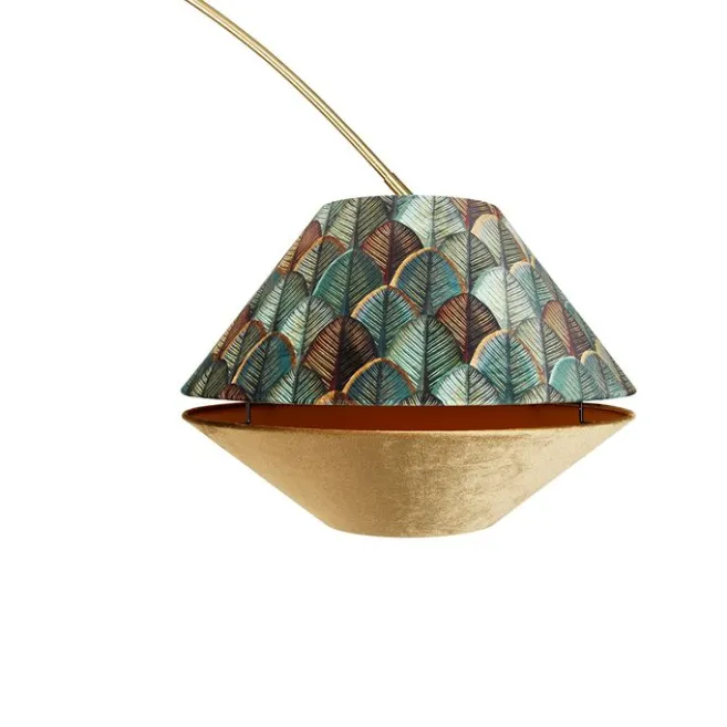 QAZQA Bogenlampe aus Messing mit doppeltem, weißem Samtschirm, Blattdesign und Beige - XXL