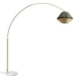QAZQA Bogenlampe aus Messing mit doppeltem, weißem Samtschirm, Blattdesign und Beige - XXL