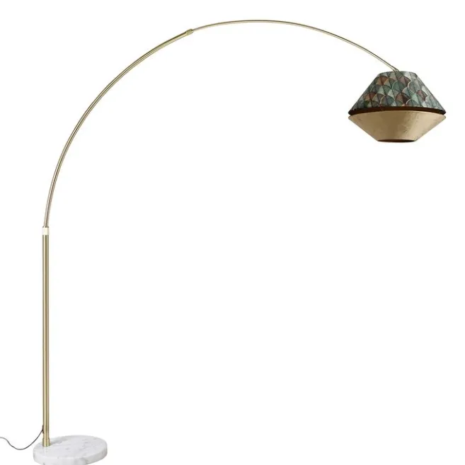 QAZQA Bogenlampe aus Messing mit doppeltem, weißem Samtschirm, Blattdesign und Beige - XXL
