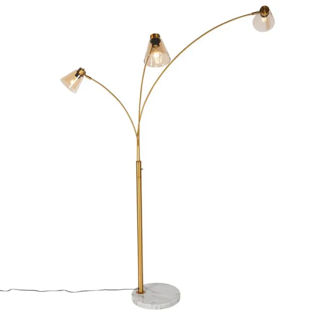 QAZQA Bogenlampe Bronze mit Marmor und Braunglas 3 Lichter - Nina