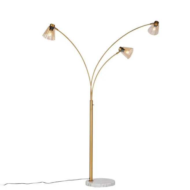 QAZQA Bogenlampe Bronze mit Marmor und Braunglas 3 Lichter - Nina