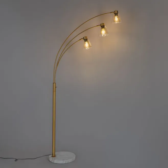 QAZQA Bogenlampe Bronze mit Marmor und Braunglas 3 Lichter - Nina