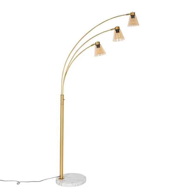 QAZQA Bogenlampe Bronze mit Marmor und Braunglas 3 Lichter - Nina
