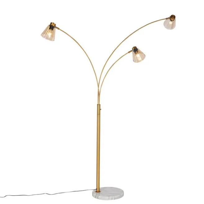 QAZQA Bogenlampe Bronze mit Marmor und Braunglas 3 Lichter - Nina