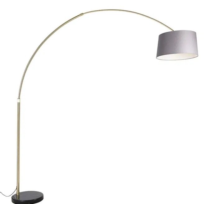 QAZQA Bogenlampe Messing mit Marmorstoffschirm grau 45 cm - XXL