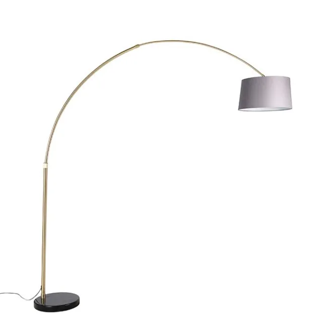 QAZQA Bogenlampe Messing mit Marmorstoffschirm grau 45 cm - XXL
