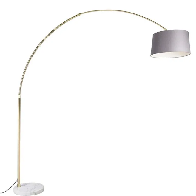 QAZQA Bogenlampe Messing mit Marmorstoffschirm grau 45 cm - XXL