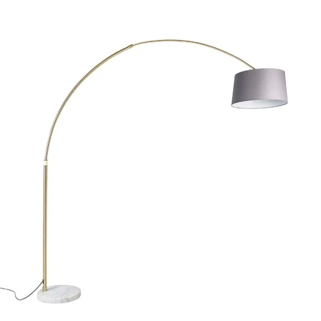 QAZQA Bogenlampe Messing mit Marmorstoffschirm grau 45 cm - XXL