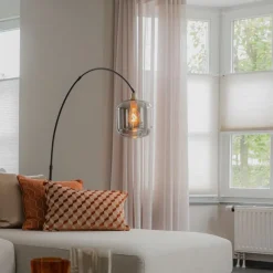 QAZQA Bogenlampe schwarz mit gold mit Rauchglas - Zuzanna