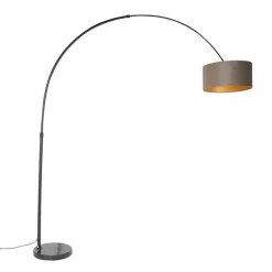 QAZQA Bogenleuchte schwarz mit Samtlampenschirm Taupe mit Gold 50 cm - XXL