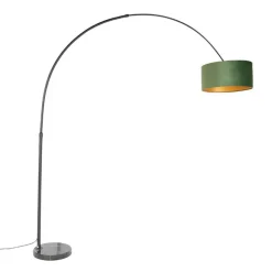 QAZQA Bogenleuchte Schwarz Samtlampenschirm Grün mit Gold 50 cm - XXL