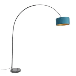 QAZQA Bogenleuchte schwarzer Samt-Schirm blau mit Gold 50 cm - XXL