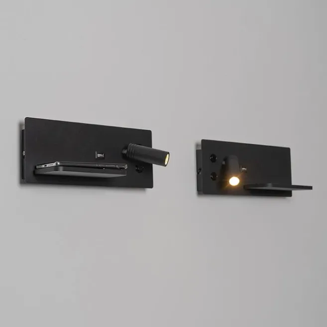 QAZQA Professional 2er Set Wandleuchte schwarz inkl. LED mit USB und Induktionsladegerät - Riza