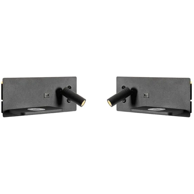 QAZQA Professional 2er Set Wandleuchte schwarz inkl. LED mit USB und Induktionsladegerät - Riza