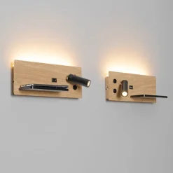 QAZQA Professional 2er Set Wandleuchte Schwarz mit Holz inkl. LED mit USB und Induktionsladegerät - Riza