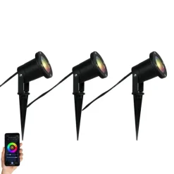 QAZQA 3er-Set smarte Gartenstrahler schwarz inkl. Kabel und Stecker 230cm IP65 - Basic