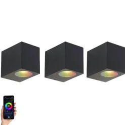QAZQA 3er-Set smarte Wandleuchten schwarz GU10 50mm IP44 - Baleno