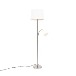 QAZQA Klassische Stehlampe Stahl mit weißem Schirm und Leselampe - Retro