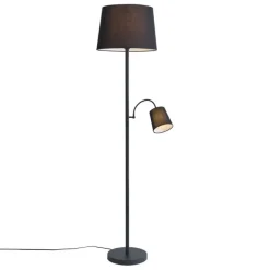 QAZQA Klassische Stehleuchte schwarz mit schwarzem Lampenschirm und Leselicht - Retro