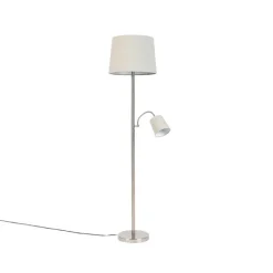 QAZQA Klassische Stehleuchte Stahl mit grauem Lampenschirm und Leselicht - Retro