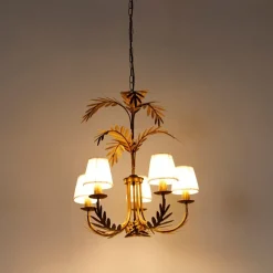 QAZQA Kronleuchter Gold mit plissierter Clamp Cap Creme 5-Licht - Botanica