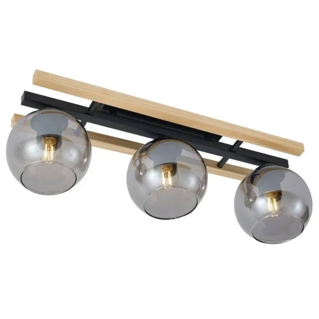 QAZQA Moderne Deckenleuchte schwarz mit Holz und Rauchglas 3-flammig - Aleks