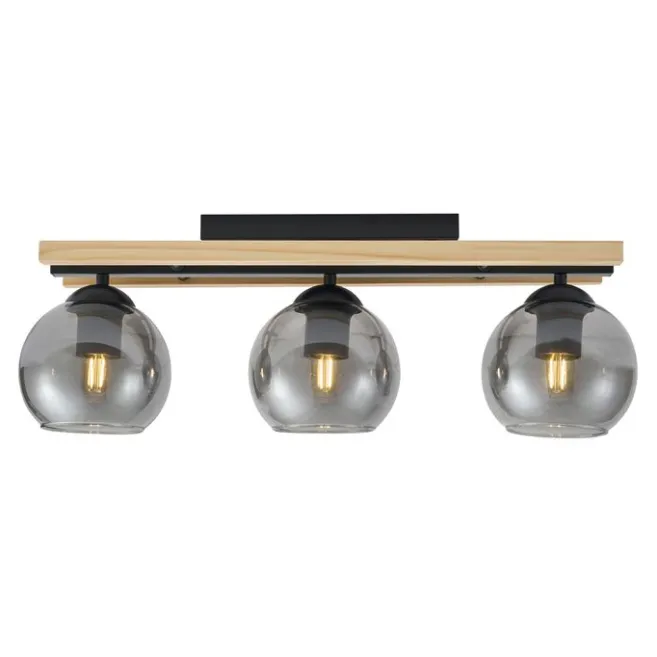 QAZQA Moderne Deckenleuchte schwarz mit Holz und Rauchglas 3-flammig - Aleks