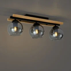 QAZQA Moderne Deckenleuchte schwarz mit Holz und Rauchglas 3-flammig - Aleks