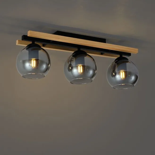 QAZQA Moderne Deckenleuchte schwarz mit Holz und Rauchglas 3-flammig - Aleks