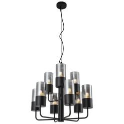 QAZQA Moderner Kronleuchter schwarz mit Rauchglas 9-flammig - Laura