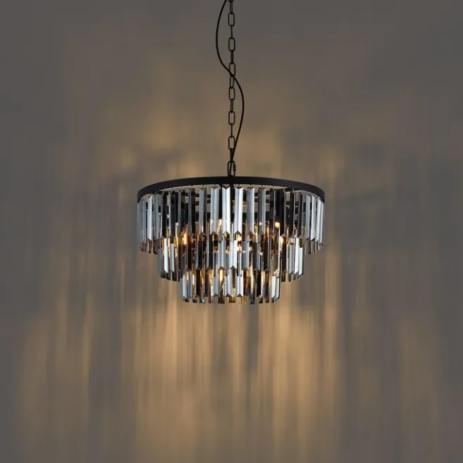 QAZQA Moderner Kronleuchter Schwarz mit Rauchglas 9-flammig - Amel